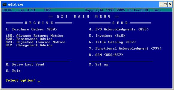 EDI/XL main menu